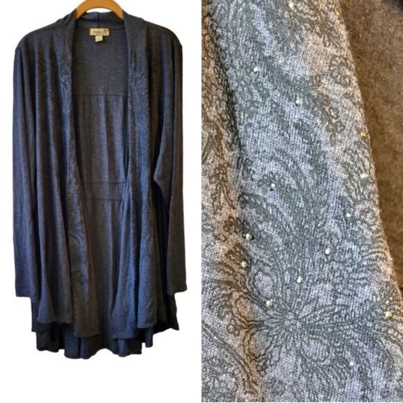 One World Grey Studded Floral Open Front Cardigan Size 3X - Picture 1 of 8